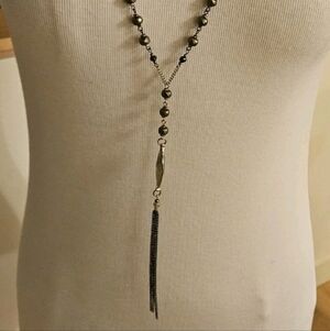 Vintage Gold Tone Smoky Grey Stone  Long Tassel Adjustable Length Necklace 24"